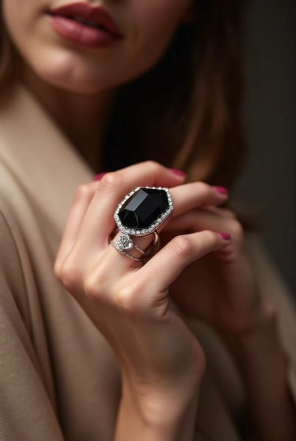 Timeless Glamour: Octagonal Black Onyx Ring with Diamond Halo
