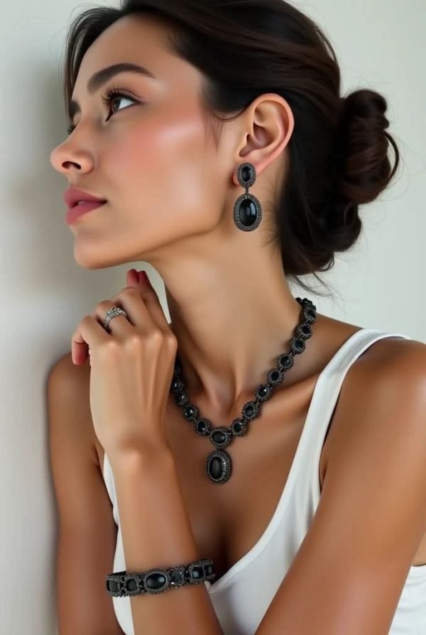 Elegant Onyx & Diamond White Gold Jewelry Set