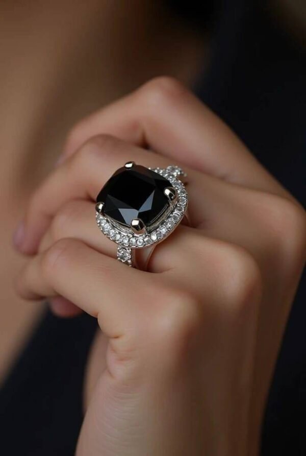 Midnight Majesty : The Enchanting Black Tourmaline and Diamond Halo Ring